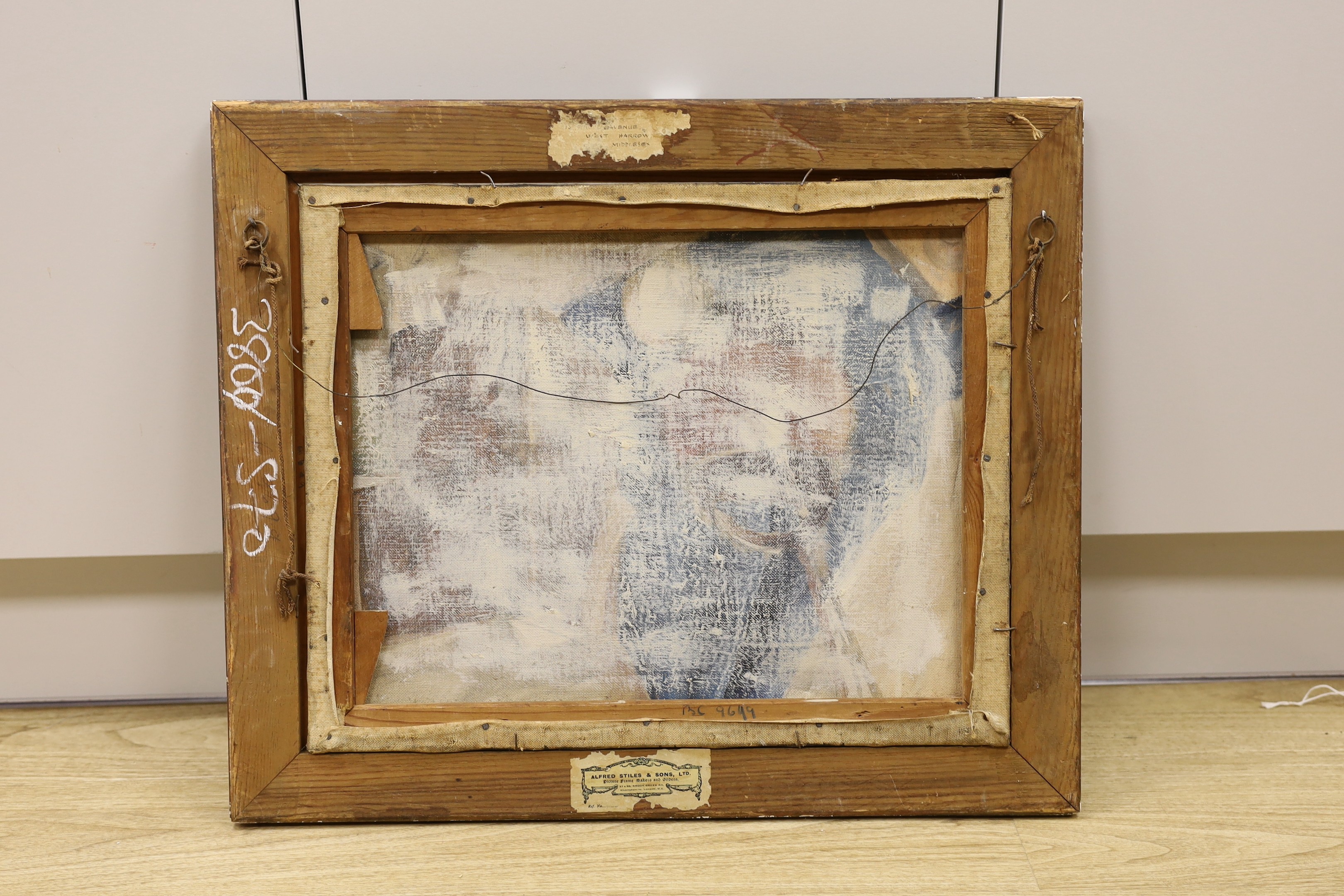 Modern British, oil on canvas, Trees in a landscape, label remnant verso, 40 x 50cm